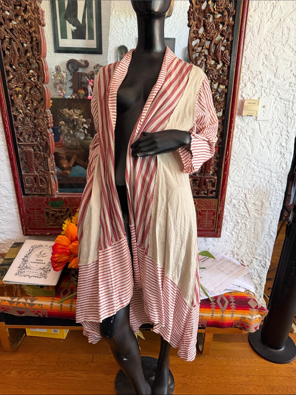 Striped Open Front Women’s Duster Jacket - Red & Cream